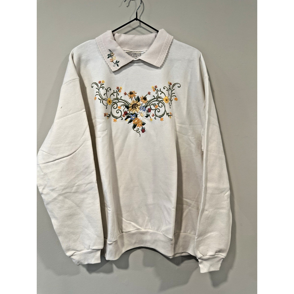 Vintage Morning Sung Sweater Peter Pan Collar Floral Cottage Size XL 2602